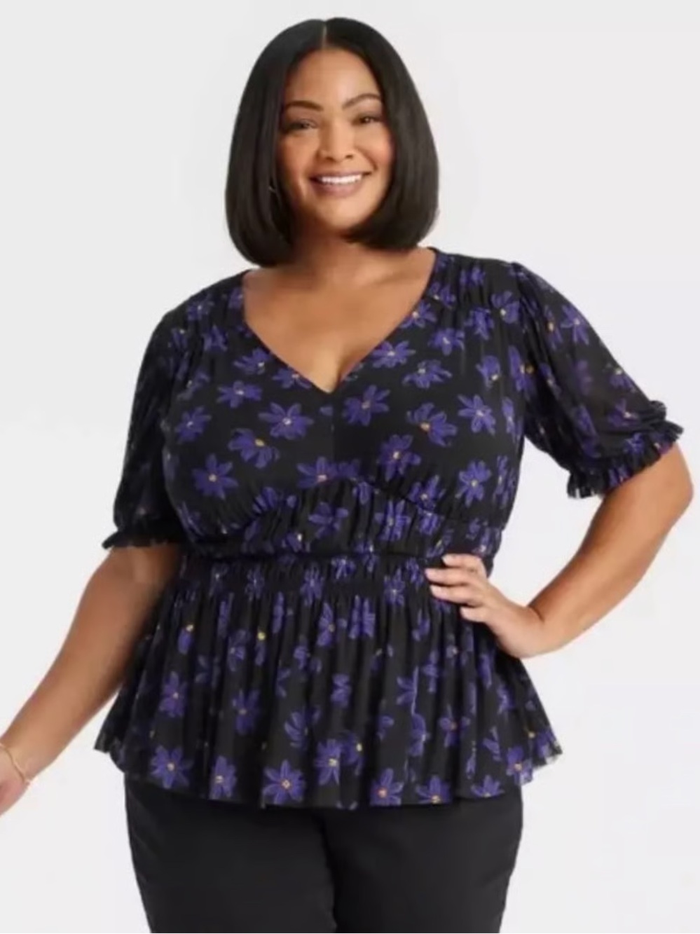 AVA & VIV Black V-Neck Peplum Top with Purple Floral Print & Smocked Waist
